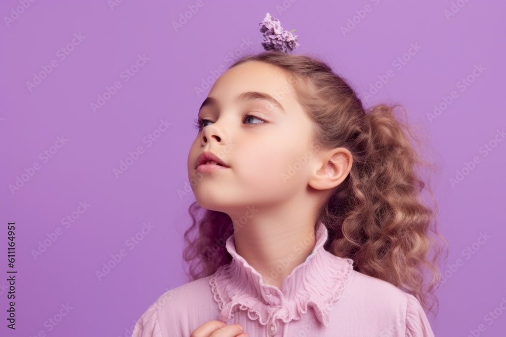 Conceptual portrait photography of a glad kid female blowing a kiss against a lilac purple background. With generative AI technology Conceptual portrait photography of a glad kid female blowing a kiss against a lilac purple background. With generative AI technology