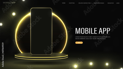 Banner for mobile app and online store. Smartphone on the podium with a bright neon golden arch.