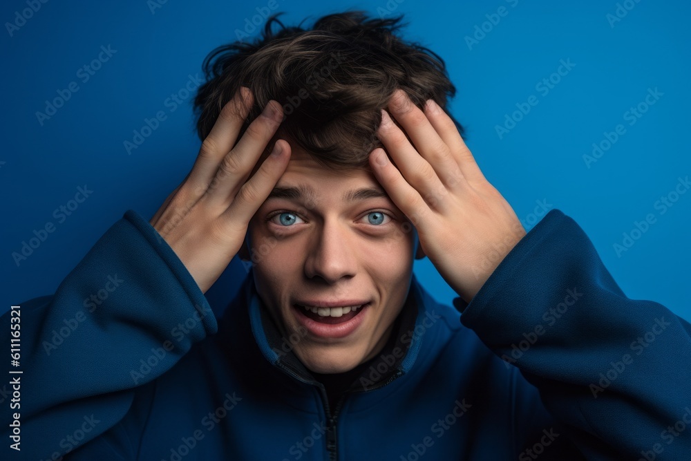 Medium shot portrait photography of a glad boy in his 20s covering one's eyes against a cerulean blue background. With generative AI technology Medium shot portrait photography of a glad boy in his 20s covering one's eyes against a cerulean blue background. With generative AI technology