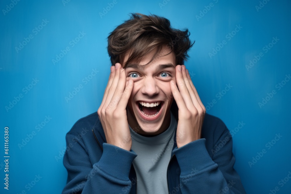 Headshot portrait photography of a happy boy in his 20s putting hands on the face in a gesture of terror against a cerulean blue background. With generative AI technology Headshot portrait photography of a happy boy in his 20s putting hands on the face in a gesture of terror against a cerulean blue background. With generative AI technology