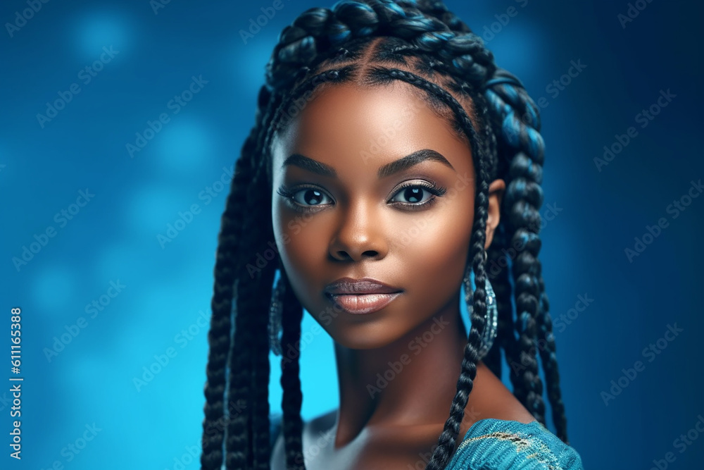 Pretty young afro-american woman with braids and makeup on the blue background. Generative AI