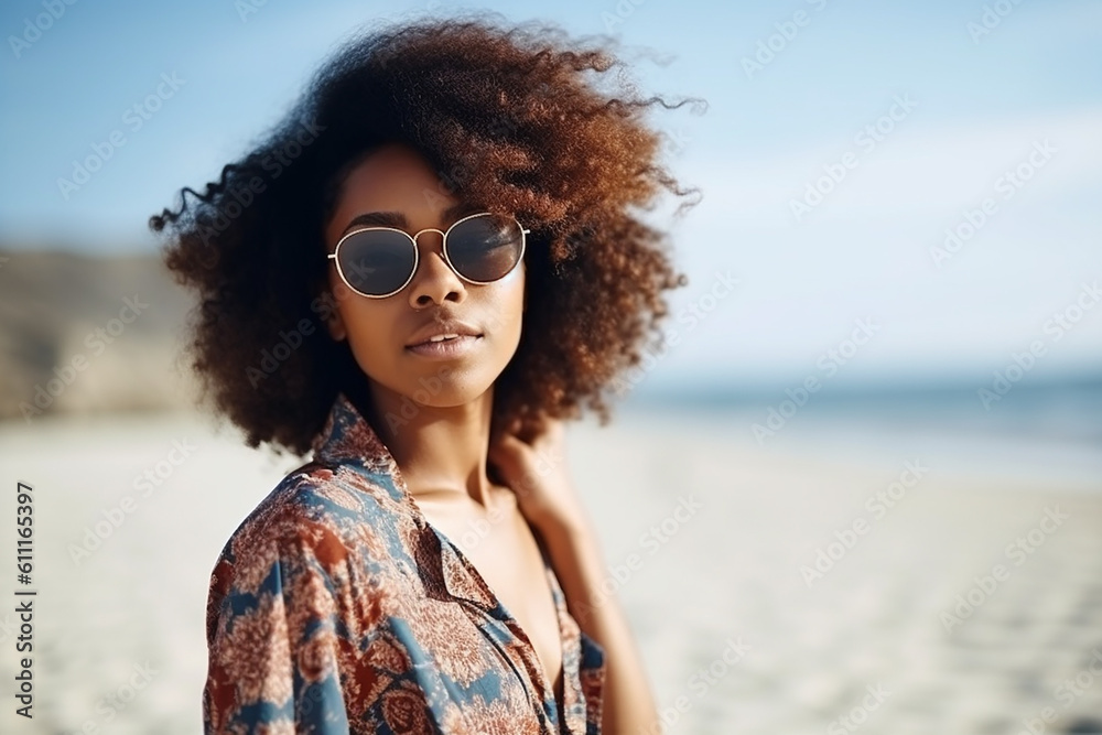 Pretty afro-american woman relaxing on a beach, copyspace. Generative AI