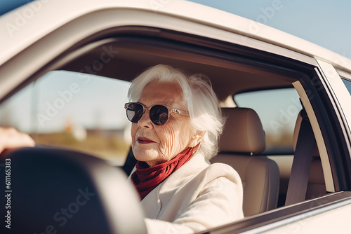 Senior woman driving a car  closeup. Generative AI