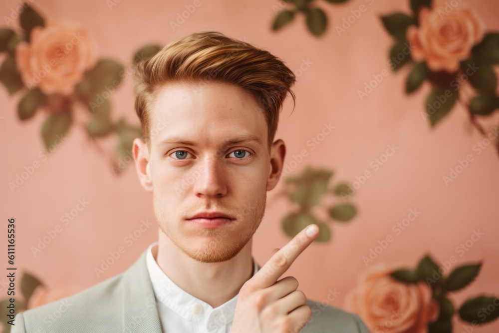 Close-up portrait photography of a satisfied boy in his 30s showing a thumb up against a rose gold background. With generative AI technology Close-up portrait photography of a satisfied boy in his 30s showing a thumb up against a rose gold background. With generative AI technology