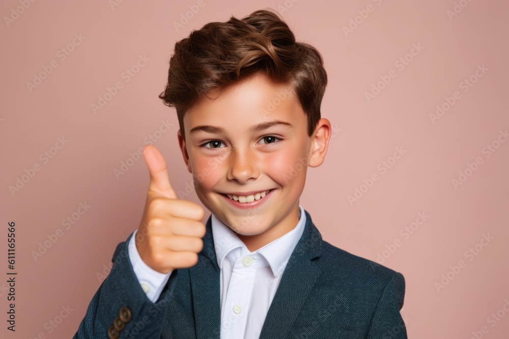 Headshot portrait photography of a grinning boy in his 30s raising both thumbs up against a rose gold background. With generative AI technology Headshot portrait photography of a grinning boy in his 30s raising both thumbs up against a rose gold background. With generative AI technology