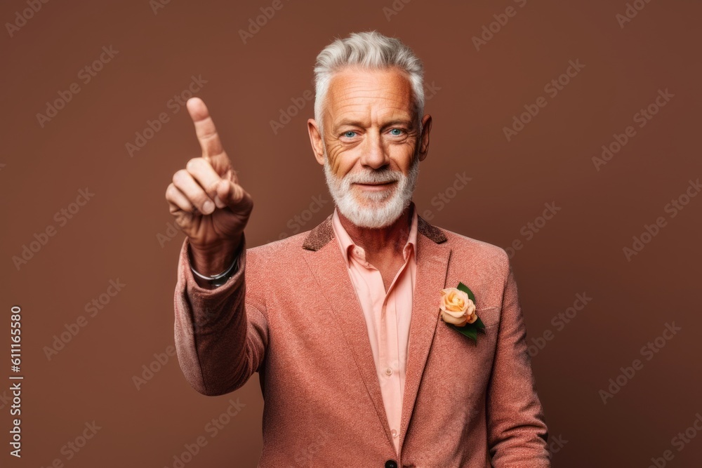 Medium shot portrait photography of a glad mature man pointing at oneself with the index finger against a rose gold background. With generative AI technology