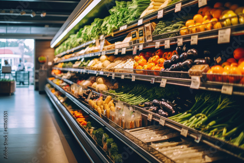 Vibrant grocery store aisle brimming with an array of fresh produce and wholesome whole foods, igniting a mindful food journey towards optimal gut health. Generative AI