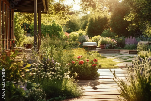 Serene garden bathed in soft sunlight, a reminder of the holistic benefits of connecting with nature for overall well-being, including nurturing gut health. Generative AI © Microgen