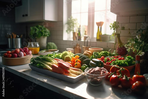 Vibrant kitchen bursting with a rainbow of fresh fruits and vegetables, reminding us of the vital role a nourishing diet plays in supporting a healthy gut. Generative AI