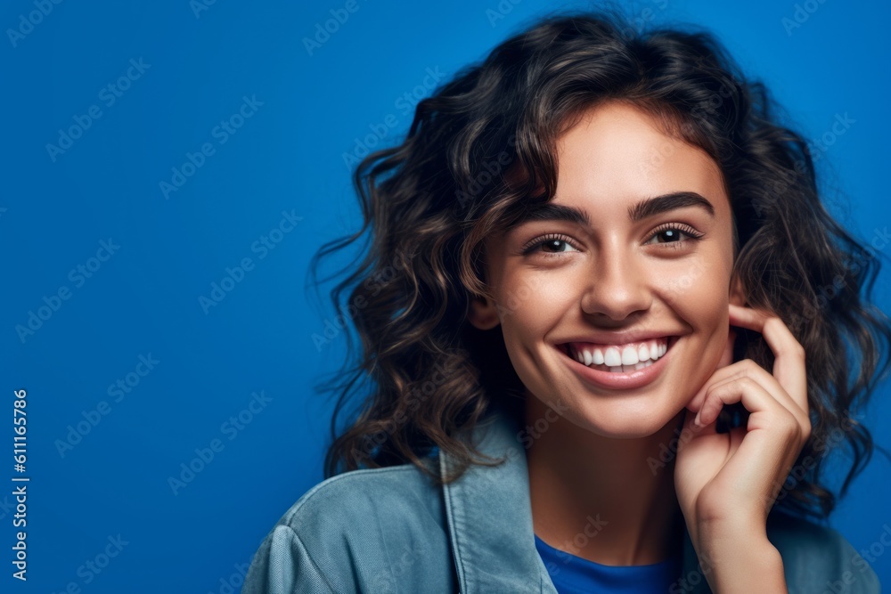 Close-up portrait photography of a happy girl in her 20s making a telephone call gesture with the hand against a periwinkle blue background. With generative AI technology Close-up portrait photography of a happy girl in her 20s making a telephone call gesture with the hand against a periwinkle blue background. With generative AI technology