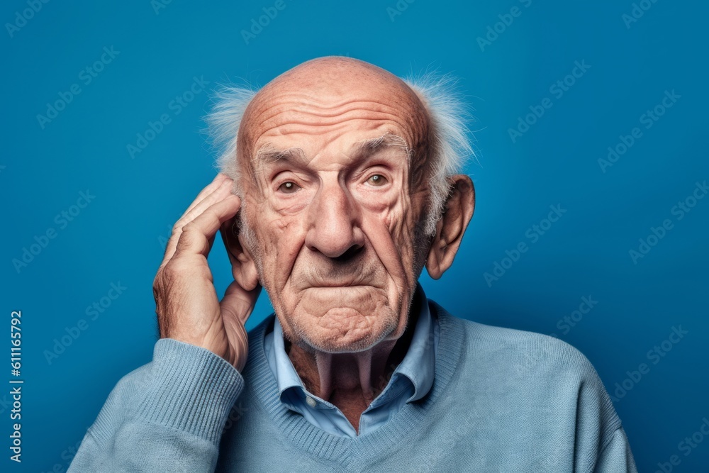 Headshot portrait photography of a glad old man covering one's ears against a periwinkle blue background. With generative AI technology Headshot portrait photography of a glad old man covering one's ears against a periwinkle blue background. With generative AI technology