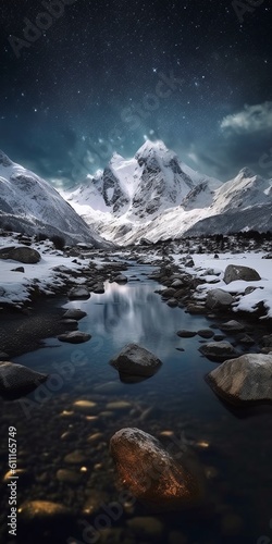Snowy mountain landscape with a river in the foreground surrounded by snow-capped mountains and a forest under a northern lights-like sky. Background. Generative AI
