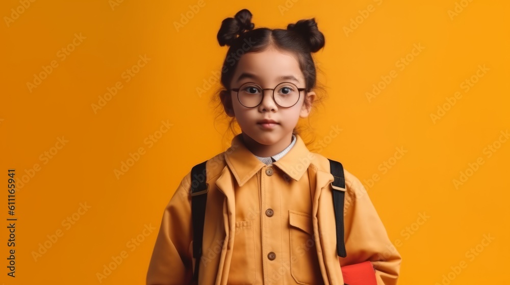 Back to school. Smiling handsome schoolgirl with backpack isolated on yellow background with copy space. Created with Generative AI technology. Back to school. Smiling handsome schoolgirl with backpack isolated on yellow background with copy space. Created with Generative AI technology.