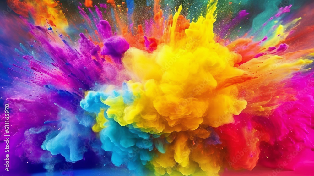 A vibrant eruption of colorful powder against a dark backdrop. Generative ai