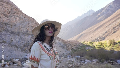portrait mid adult brunette woman tourists hiker outdoors in the Elqui Valley photo