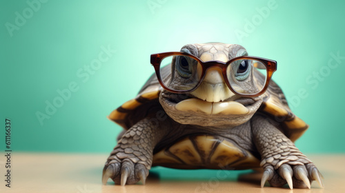 A scholarly tortoise wearing glasses sitting on a desk. Generative ai