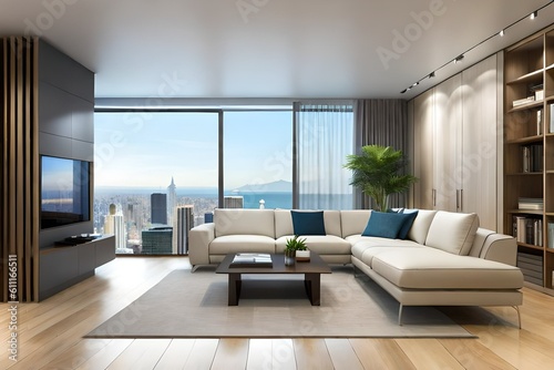 Mokeup. Modern living room with sofa and furniture 