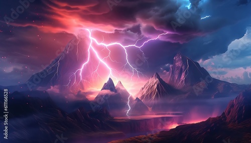 abstract landscape background with stormy clouds  vivid lightning  and imposing rocky mountains. Generative ai