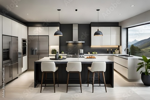 Modern wood and concrete kitchen interior with blank mock up on wall, island, appliances and window with city and daytime view. White background.