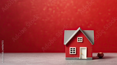 wooden house on red background. Real estate rental, purchase and sale concept. Realtor services, building repair and maintenance, copy space Generative AI