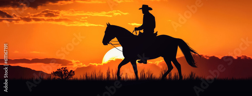 Cowboy riding a horse into sunset, only silhouette visible against orange sky. Wide banner with space for text. Generative AI