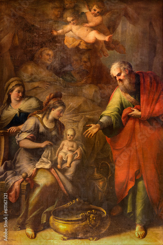 NAPLES, ITALY - APRIL 24, 2023: The painting of Nativity of Virgin Mary in the church the church Chiesa di Santa Maria in Portico a Chiaia by Fedele Fischetti (1760).