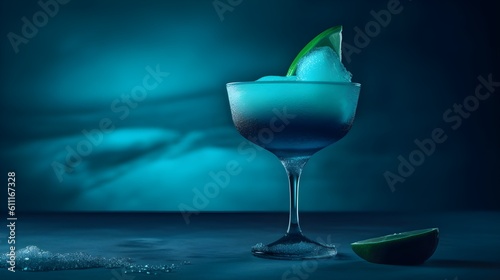  Alcoholic Frozen Blue Daiquiri Cocktail in modern style served on a elegant minimalist dark violet background, futuristic, abstract, luxury, pastel blue, green colors, sunlight, lime, AI Generated.