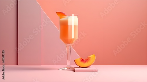 Alcoholic Frozen Peach Daiquiri Cocktail in modern style served on a elegant minimalist pastel pink background, futuristic, abstract, luxury, sunlight, design, tropical leaves shadows, AI Generated.