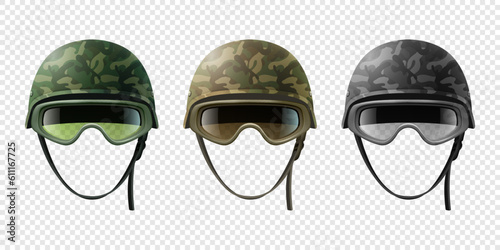 Vector 3d Realistic Military Helmet Icon Set with Protect Glasses, Closeup Isolated. Helmet, Army Symbol of Defense and Protect. Soldier Helmet Design Template