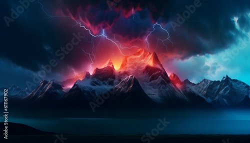 abstract landscape background with stormy clouds, vivid lightning, and imposing rocky mountains. Generative ai © Nob