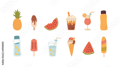 A set of summer drink, food and fruit vector illustration. Cocktail, ice cream, water, watermelon, pineapple, latte, bubble milk tea.