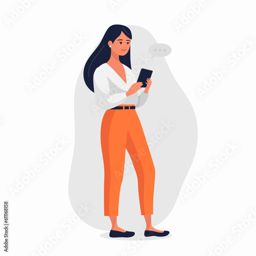 Young Girl, Woman is Looking on Smartphone and Chatting. Happy Girl, Women Talking, Typing on Phone. Full Body Flat Cartoon Character in Casual Clothes. Vector Illustration