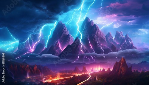 abstract landscape background with stormy clouds, vivid lightning, and imposing rocky mountains. Generative ai