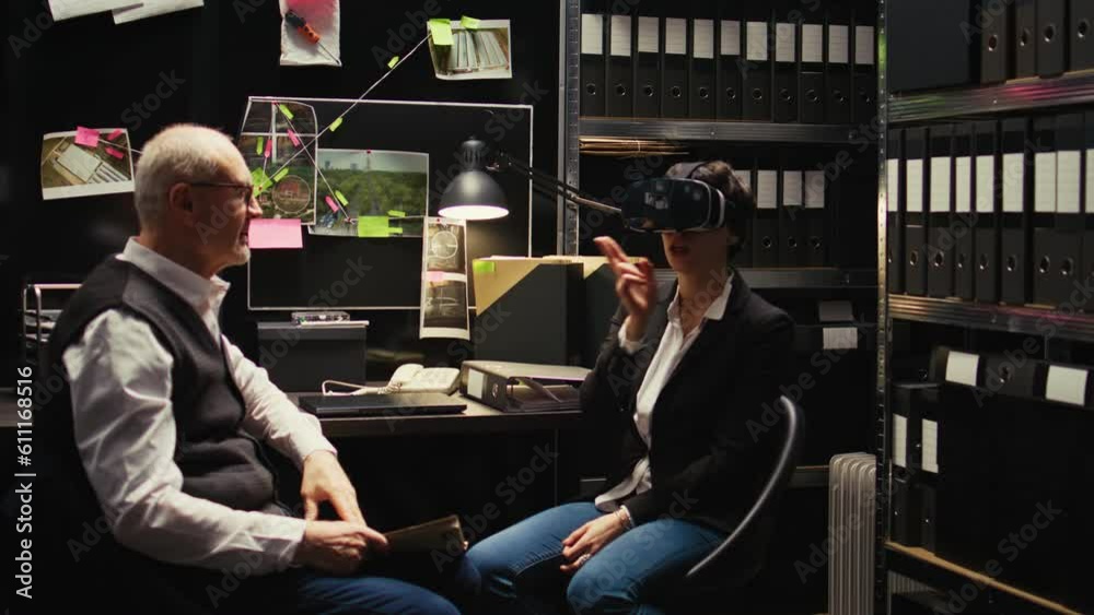 Law officer reenact crime scene with vr glasses, using virtual reality modern headset to recreate culprit illegal actions and retrace his steps. Woman criminal expert working with detective. Law officer reenact crime scene with vr glasses, using virtual reality modern headset to recreate culprit illegal actions and retrace his steps. Woman criminal expert working with detective.