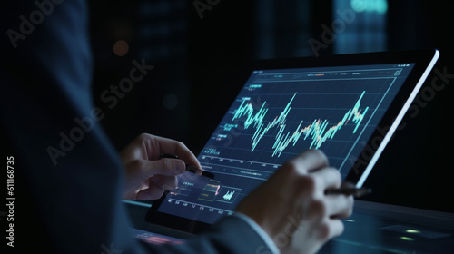 株式市場分析、世界経済、金融、投資。デジタルタブレットを使用して株式市場のデータレポートを分析する金融アナリスト、FXグラフ成長チャート、通貨交換GenerativeAI