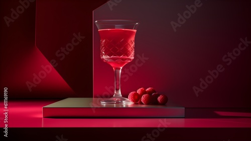 Alcoholic Frozen Raspberry Daiquiri Cocktail in modern style served on a elegant minimalist dark background, futuristic, abstract, luxury, blue, pink colors, sunlight, AI Generated.