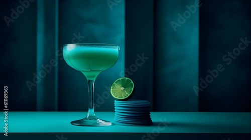  Alcoholic Frozen Blue Daiquiri Cocktail in modern style served on a elegant minimalist dark violet background, futuristic, abstract, luxury, pastel blue, green colors, sunlight, lime, AI Generated.