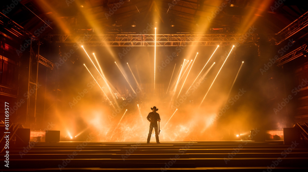 Country western stage concert background with smoke and lasers. Generative AI - obrazy, fototapety, plakaty 