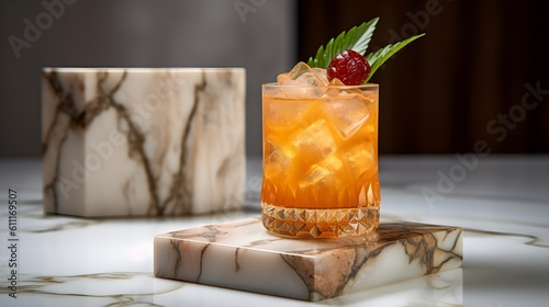 Alcoholic Mai Tai Cocktail in modern style served on a elegant white marble table, dark tropical background, natural stone, luxury, AI Generated. photo