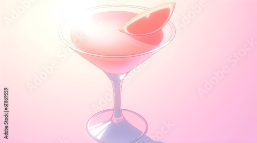 Alcoholic Cosmopolitan Cocktail in modern style served in glass on a elegant pink minimalist background, cute illustration in Japanese style, pastel colors, refreshing, art, surreal, AI Generated.