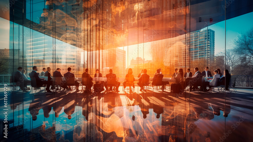 Double exposure image of many business people conference group meeting ...