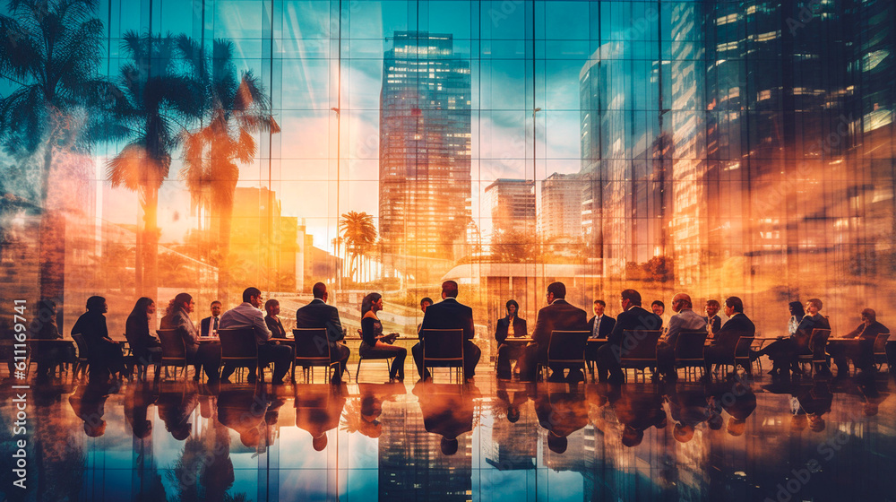 Double exposure image of many business people conference group meeting on city office building in background showing partnership success of business deal. Generative AI