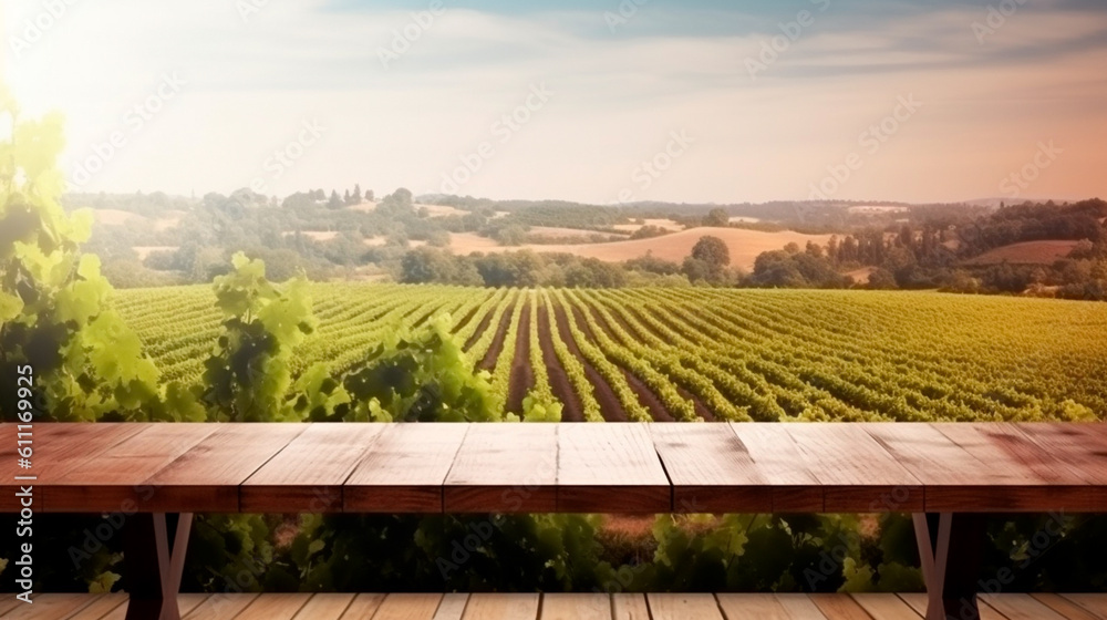 Empty wooden table, vineyard view out of open window. Template for product presentation. Generative AI Empty wooden table, vineyard view out of open window. Template for product presentation. Generative AI