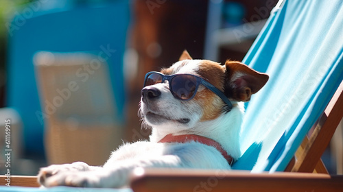 Jack russell terrier dog with sunglasses sunbathing on sun lounger. summer and vacation concepts. Generative AI photo