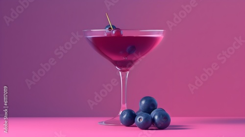 Alcoholic Frozen Blueberry Daiquiri Cocktail in modern style served on a elegant minimalist dark violet background, futuristic, abstract, luxury, blue, pink colors, sunlight, AI Generated.