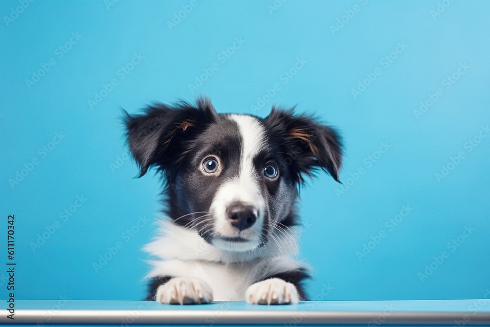 Puppy dog border collie iisolated on blue background. Little dog on reception at veterinary doctor in vet clinic. Pet health care and animals concept, generative ai. Puppy dog border collie iisolated on blue background. Little dog on reception at veterinary doctor in vet clinic. Pet health care and animals concept, generative ai.