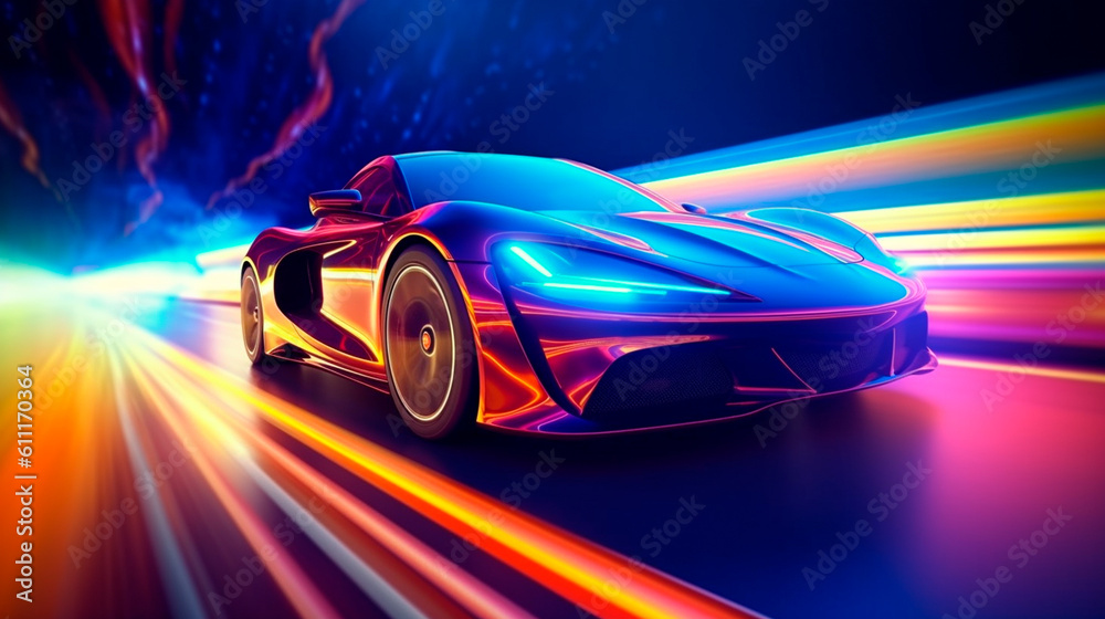 Futuristic Sports Car On Neon Highway. Powerful acceleration of a supercar with colorful lights trails. Generative AI Futuristic Sports Car On Neon Highway. Powerful acceleration of a supercar with colorful lights trails. Generative AI