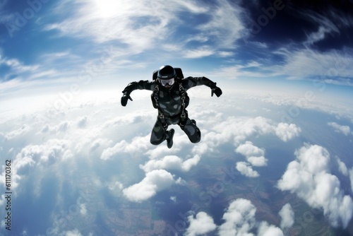 A dynamic shot of a person engaged in an extreme sport like skydiving conveying a sense of thrill and adventure. Generative Ai