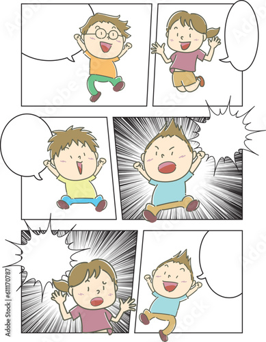 会話する子どもたちの漫画フレーム