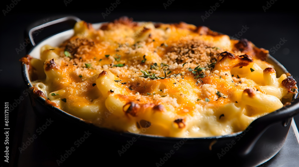 Delicious gourmet Mac and Cheese served on a bowl. Close up, Macro. Generative AI.